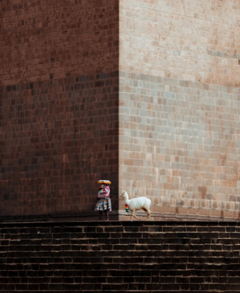 Mujer Indígena peruana con su Llama caminando cerca de un muro | Cusco | Perú | Qué Onda