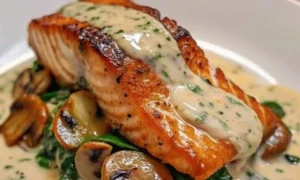 Salmón en Salsa Cremosa con Espinaca y Champiñones | Receta | Qué Onda