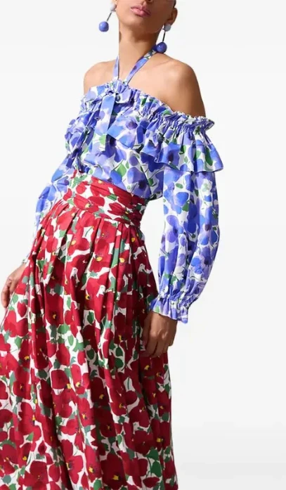 Carolina Herrera Falda Floral Roja de Talle Alto | Qué Onda