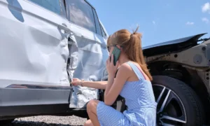 Reparación de choques mujer documentando daños laterales de su vehículo mientras solicita asistencia | Qué Onda