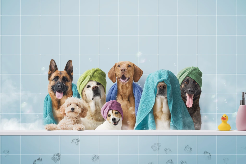 San Valentín 2026: grupo de perros de diferentes razas en una tina con toallas en la cabeza disfrutando de un día de spa | Qué Onda