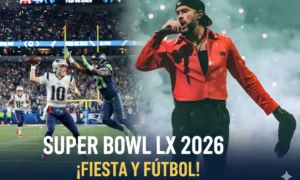 Super Bowl LX con Drake Maye lanzando el balón frente a la defensa de los Seahawks y Bad Bunny cantando en el escenario | Qué Onda