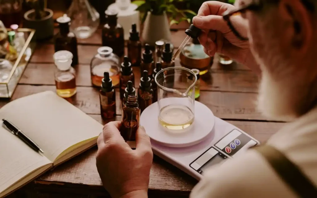 Experto realizando el proceso técnico para combinar Perfumes de Lujo usando una báscula de precisión y pipetas en un laboratorio profesional | Qué Onda