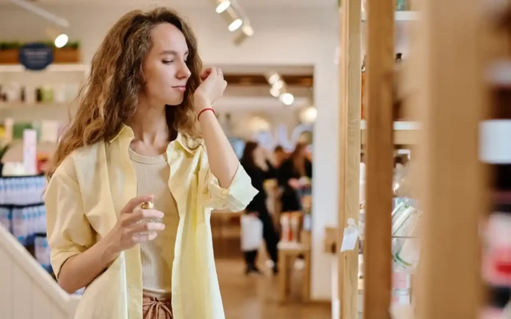Mujer Joven probando una fragancia en una Boutique de Lujo para aprender a combinar perfumes de forma personalizada | Qué Onda