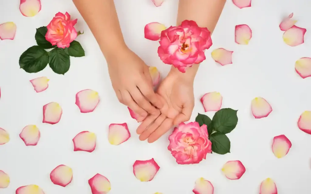Primer plano de manos femeninas rodeadas de rosas rosadas y pétalos sobre un fondo blanco, simbolizando la ternura en un ritual de autoestima | Qué Onda