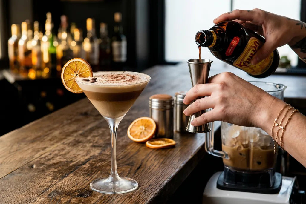 Preparación de un frozen espresso martini: Un bartender sirve licor de café en la barra junto a la copa decorada | Qué Onda