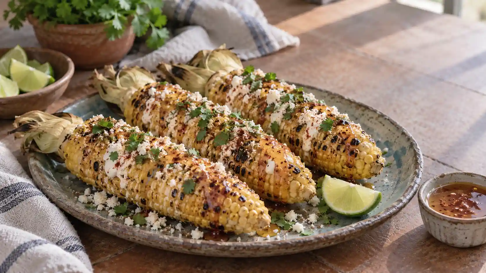 How to make elote at home: elote con hot honey, queso cotija y Tajín sobre una tabla de madera.